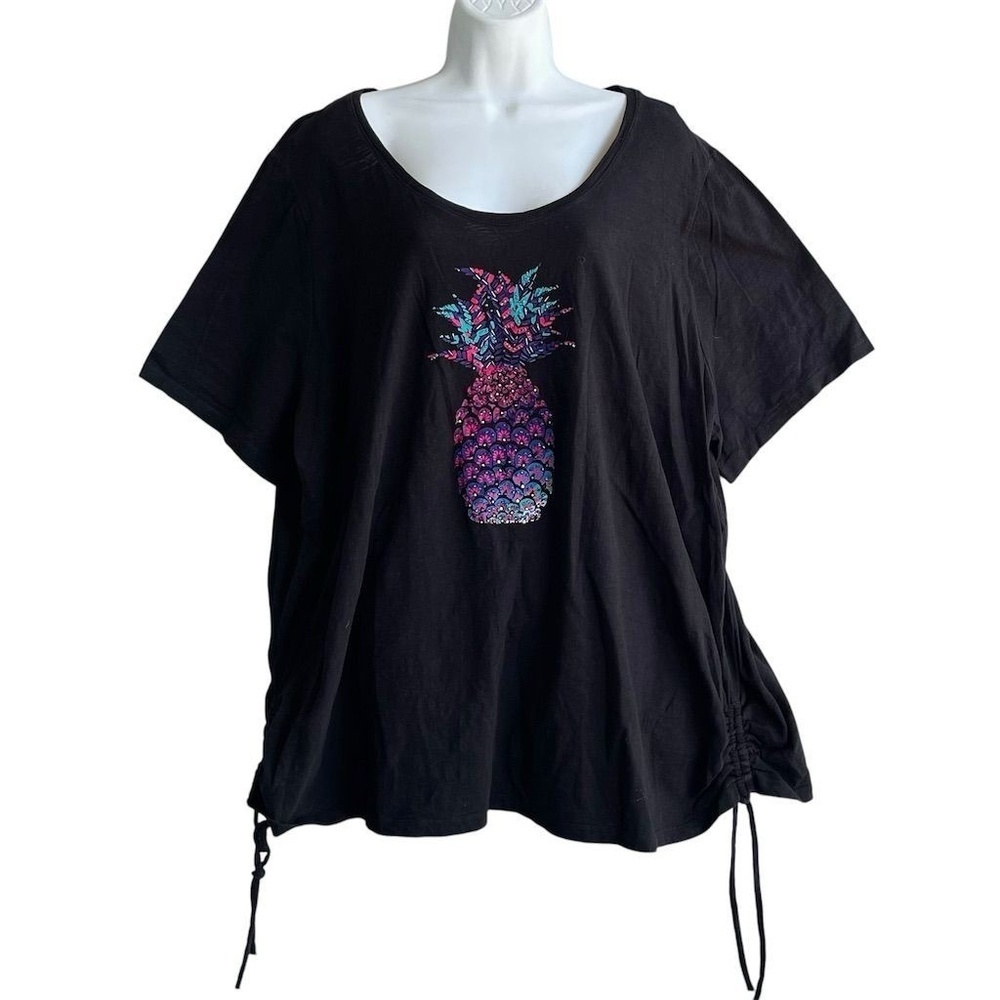 Catherines Black Pineapple T-Shirt Plus 2X Beaded Short Sleeve Steampunk Blouse